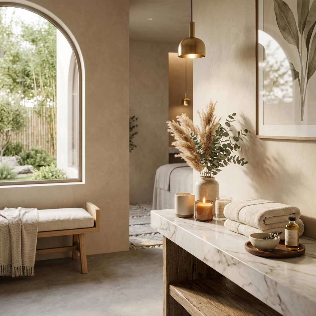 Luxurious and calming premium wellness spa interior with neutral color palette